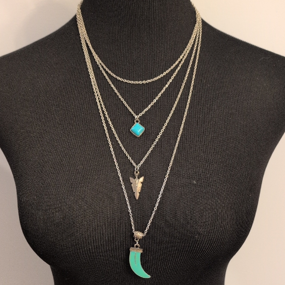 Layered Silver Necklace with Turquoise Accents - Women's Multi-Strand Pendant